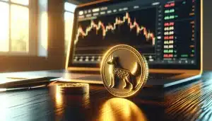 golden-floki-inu-coin-on-desk-with-laptop-showing-cryptocurrency-charts-in-background