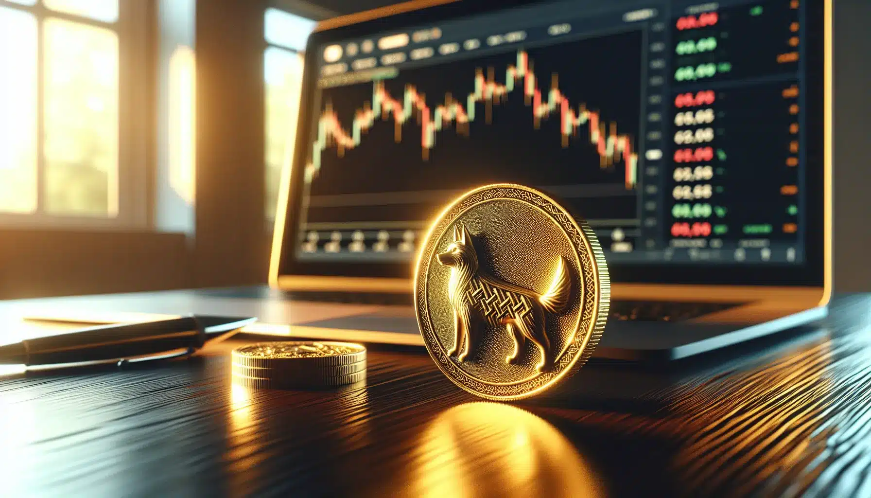 golden-floki-inu-coin-on-desk-with-laptop-showing-cryptocurrency-charts-in-background