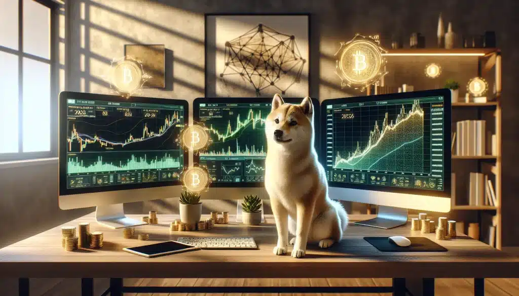 shiba-inu-dog-at-trading-desk-with-cryptocurrency-charts-showing-floki-price-predictions