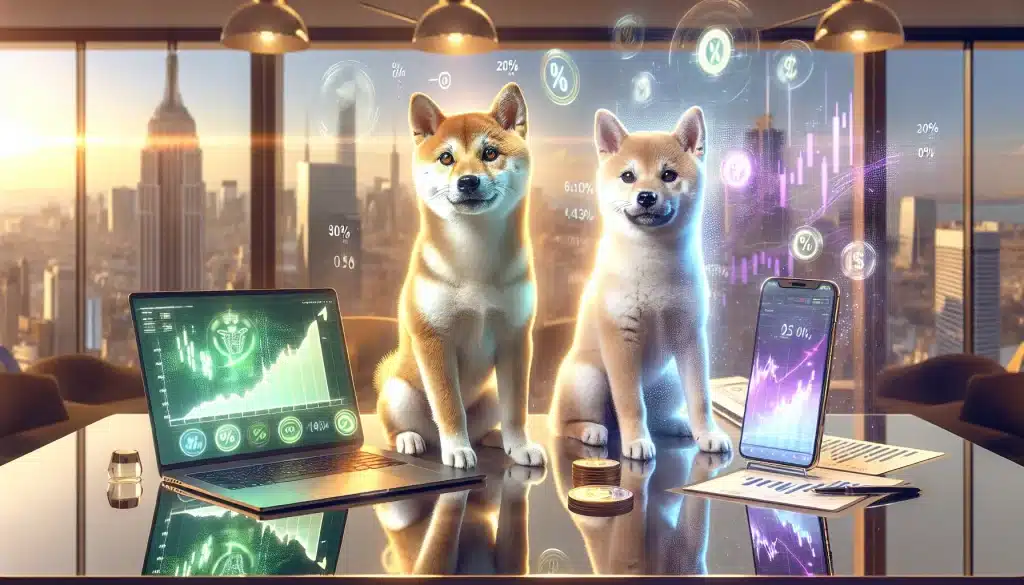two-shiba-inu-dogs-beside-laptops-displaying-crypto-trading-charts-and-token-logos