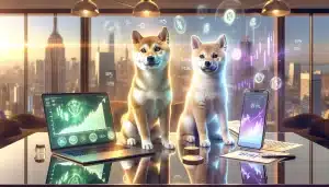 two-shiba-inu-dogs-beside-laptops-displaying-crypto-trading-charts-and-token-logos