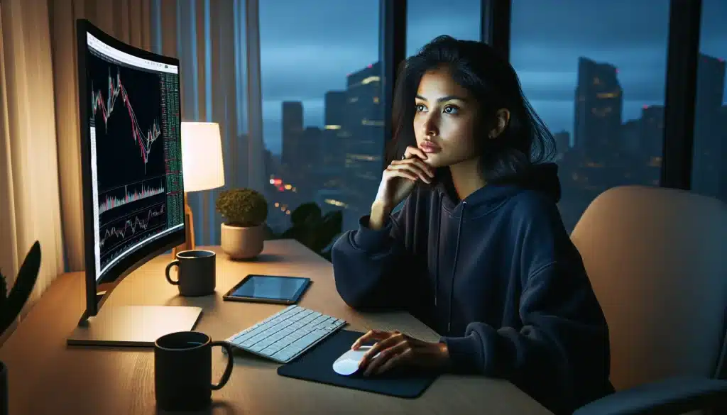 young-investor-analyzing-volatile-floki-inu-cryptocurrency-chart-on-computer-at-home-office-desk